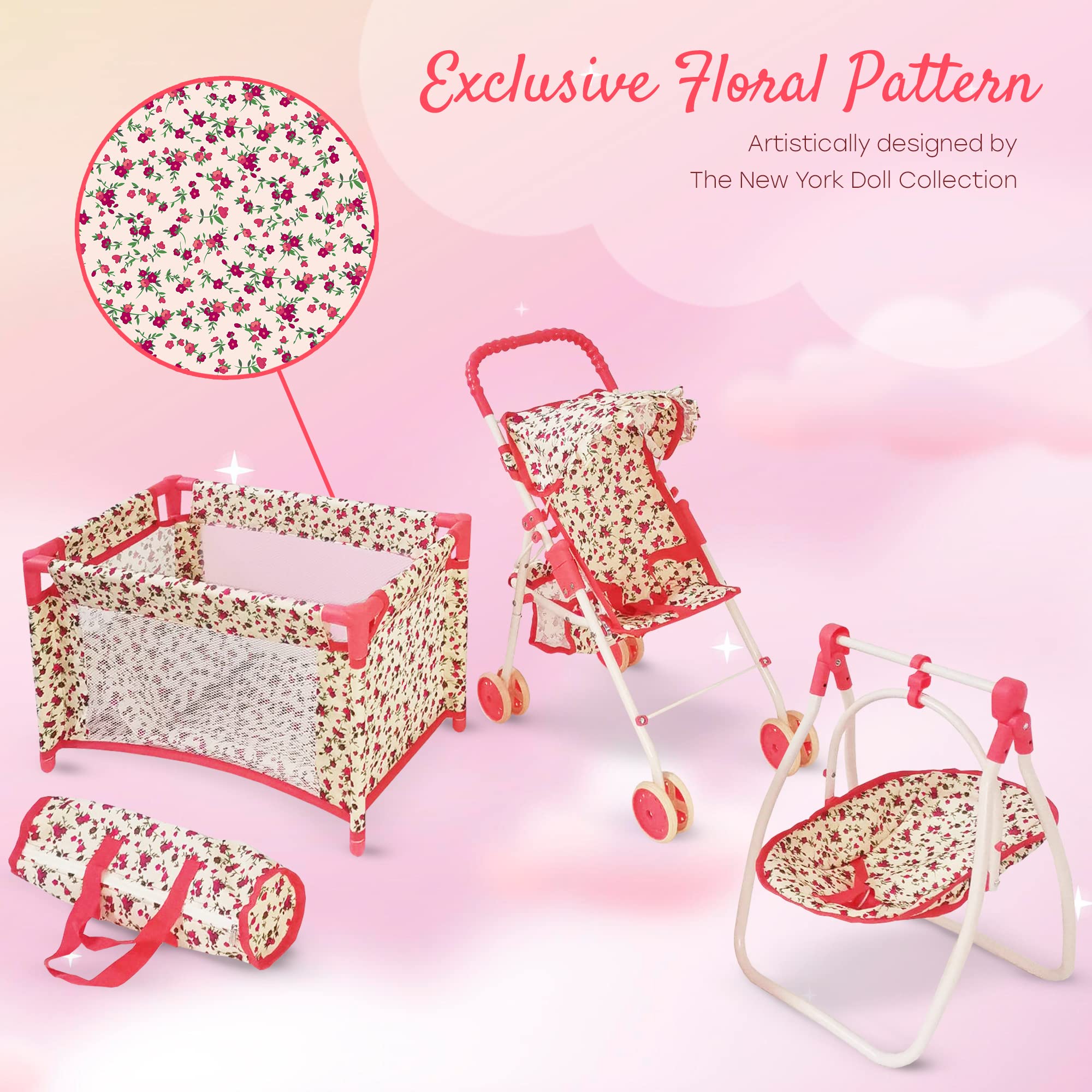 Baby Doll Accessories Set - 3-1 Baby Doll Furniture Set with Baby Doll Stroller, Baby Doll Crib, Baby Doll Swing - Baby Doll Bed Set for 18” Doll - Play Baby Doll Toys for 18" Dolls - Floral