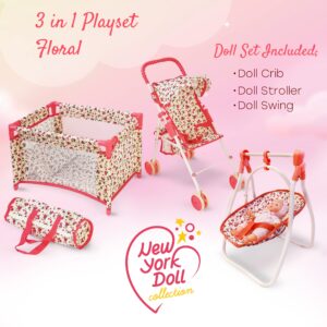 Baby Doll Accessories Set - 3-1 Baby Doll Furniture Set with Baby Doll Stroller, Baby Doll Crib, Baby Doll Swing - Baby Doll Bed Set for 18” Doll - Play Baby Doll Toys for 18" Dolls - Floral