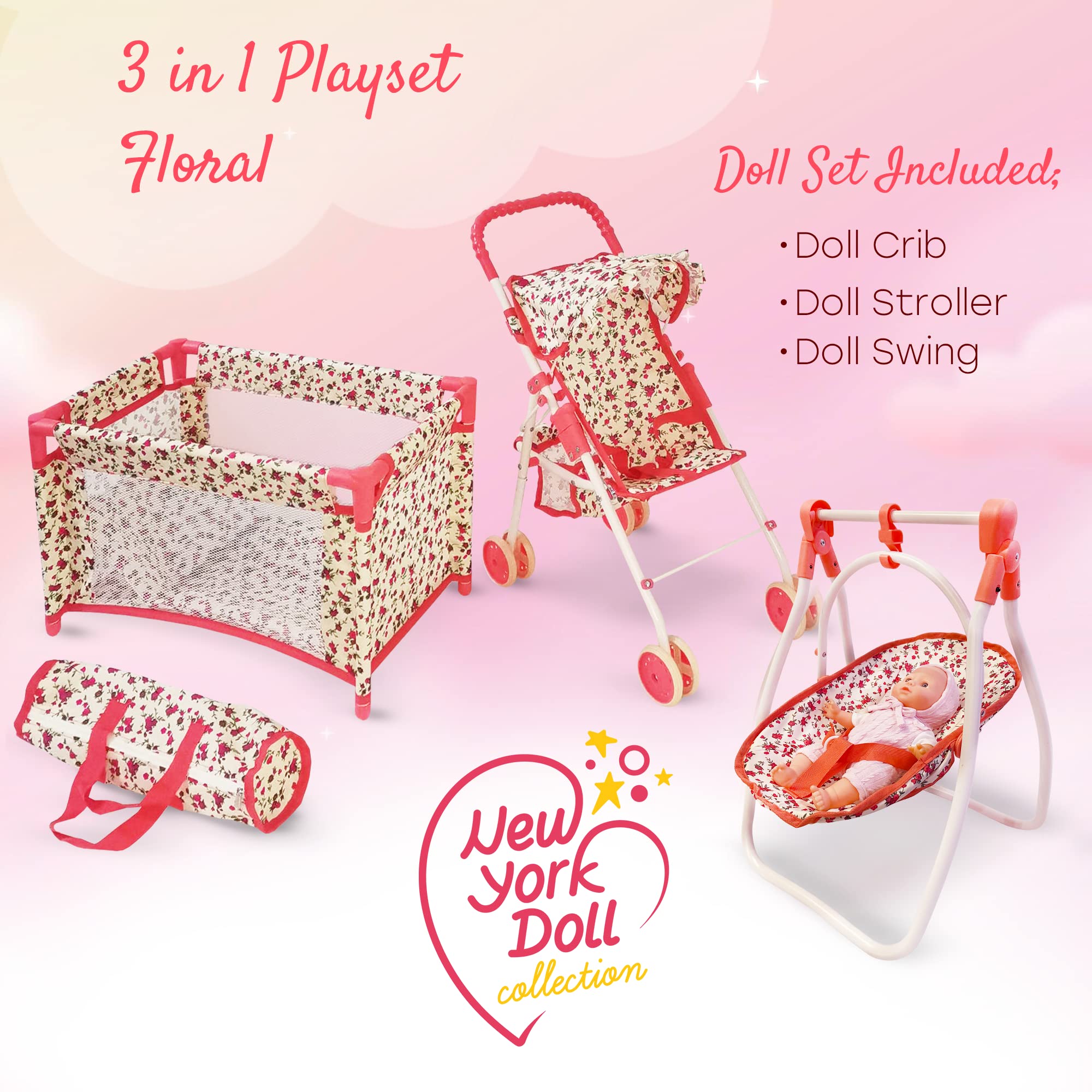 Baby Doll Accessories Set - 3-1 Baby Doll Furniture Set with Baby Doll Stroller, Baby Doll Crib, Baby Doll Swing - Baby Doll Bed Set for 18” Doll - Play Baby Doll Toys for 18" Dolls - Floral