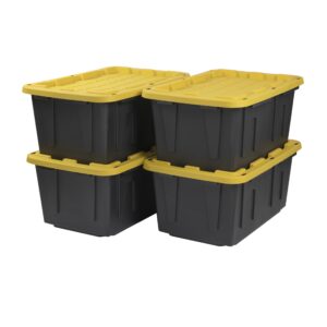 cx black & yellow®, 27-gallon heavy duty tough storage container & snap-tight lid, (14.3”h x 20.6”w x 30.6”d), weather-resistant design and stackable organization tote [4 pack]