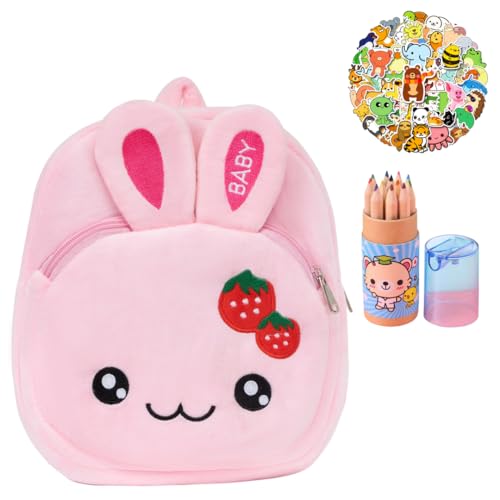 Kids Small Backpack Set - Animal Plush Backpack For Kids - Cute & Functional With Fun Accessories - Includes Cartoon Stickers and Mini Color Pencil Tubes - (Pink Rabbit)