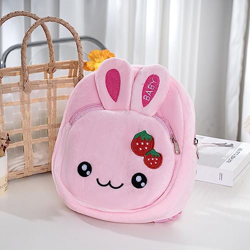 Kids Small Backpack Set - Animal Plush Backpack For Kids - Cute & Functional With Fun Accessories - Includes Cartoon Stickers and Mini Color Pencil Tubes - (Pink Rabbit)