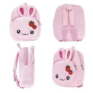 Kids Small Backpack Set - Animal Plush Backpack For Kids - Cute & Functional With Fun Accessories - Includes Cartoon Stickers and Mini Color Pencil Tubes - (Pink Rabbit)