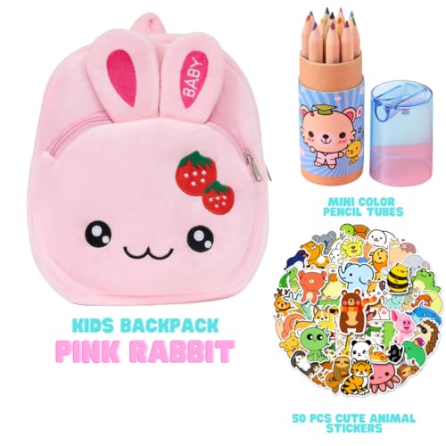 Kids Small Backpack Set - Animal Plush Backpack For Kids - Cute & Functional With Fun Accessories - Includes Cartoon Stickers and Mini Color Pencil Tubes - (Pink Rabbit)