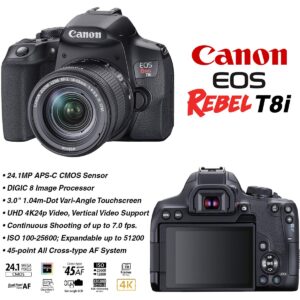 Canon EOS Rebel T8i DSLR Camera with 18-55mm Lens & 75-300mm Lens Bundle + 420-800mm Super Zoom Lens, Wide Angle & Telephoto Lens + 128GB Memory + Case + Tripod + 3pc Filter Kit + Pro Bundle, Black