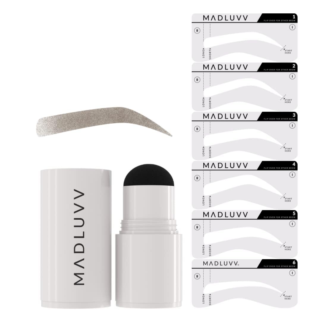 MADLUVV Eyebrow Stencil Kit - Easy-to-Use, Natural Look, 6 Popular Shapes, Used by Professionals - Includes Stamp, Stencils, Spoolie, and Travel Bag (Soft Brown)