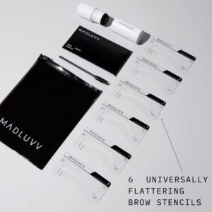 MADLUVV Eyebrow Stencil Kit - Easy-to-Use, Natural Look, 6 Popular Shapes, Used by Professionals - Includes Stamp, Stencils, Spoolie, and Travel Bag (Soft Brown)