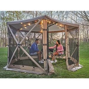 guide gear 6-sided hex large pop up outdoor screen house screened canopy tent for backyard, camping, deck, with wind panels and zip windows and door, 138" x 128" x 90"