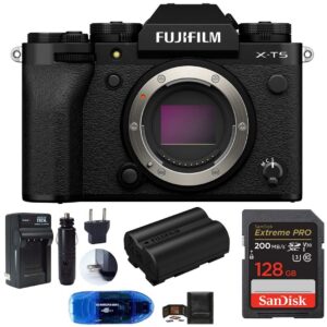 fujifilm x-t5 mirrorless digital camera body bundle, includes: sandisk 128gb extreme pro sdxc memory card, spare fujifilm np-w235 battery and more (6 items) (black)