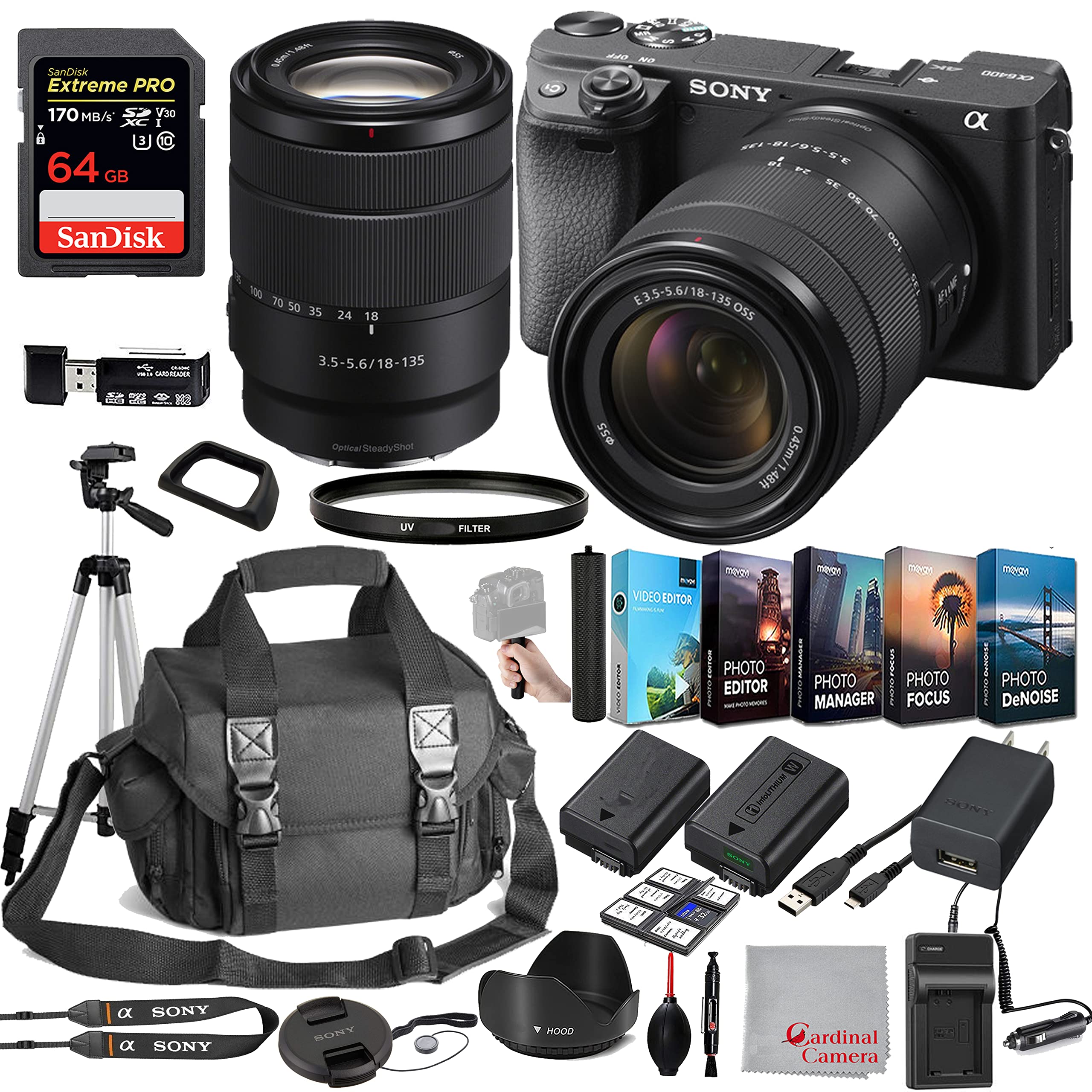 Sony Alpha a6400 Mirrorless Digital Camera 24.2MP w/ 18-135mm Lens ILCE-6400M/B + Spare Battery + SanDisk 64GB Extreme PRO SDXC UHS-I / V30 / U3 / Class 10, 170 MB/s Memory Card + More (28PC Bundle)