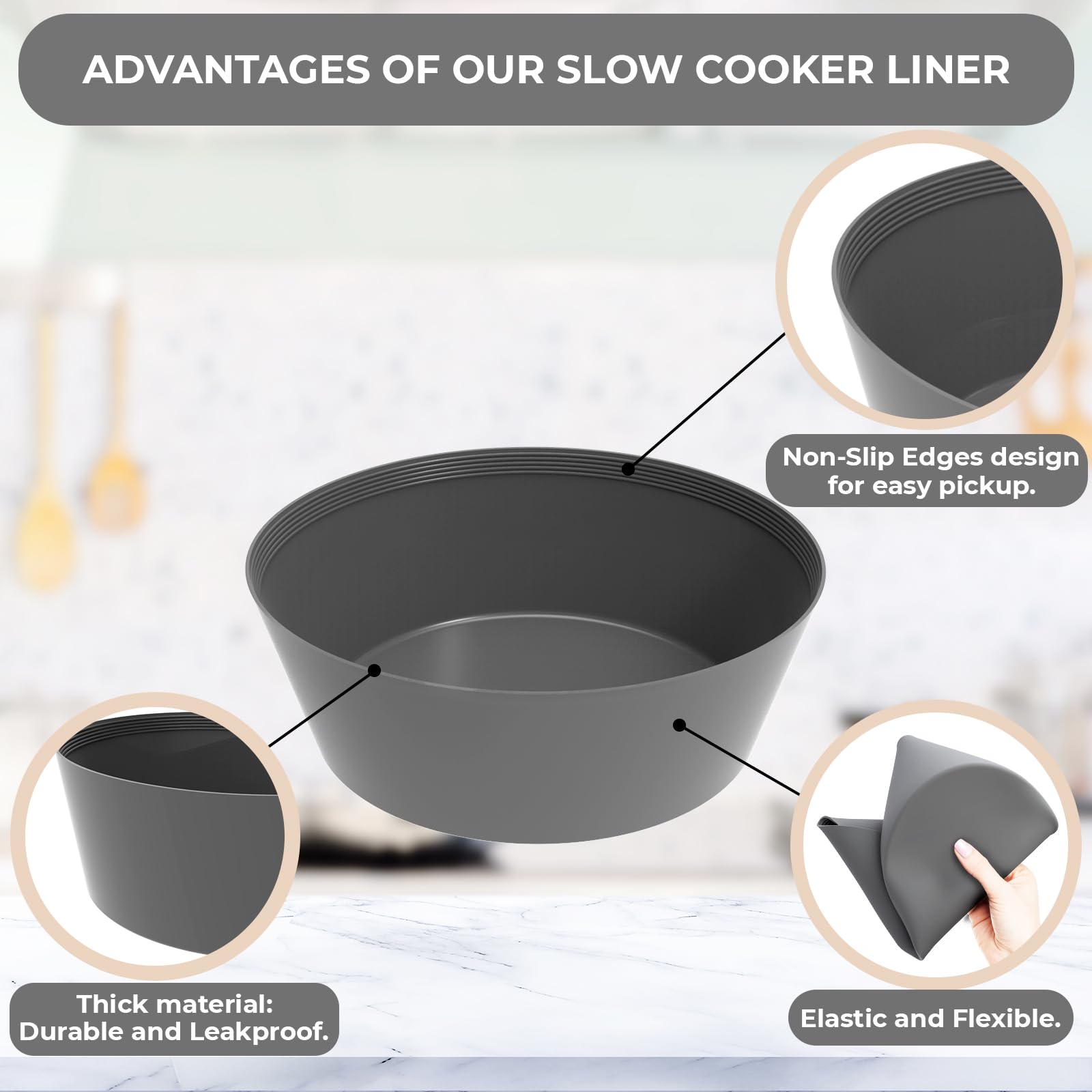 Silicone Slow Cooker Liners for 7-8QT CrockPot and other Oval Slow Cookers - Silicone Crock Pot Liners for 7-8 Quart Crock Pots - Reusable, Leakproof & Food-Grade Silicone Crock Pot Inserts - (Gray)