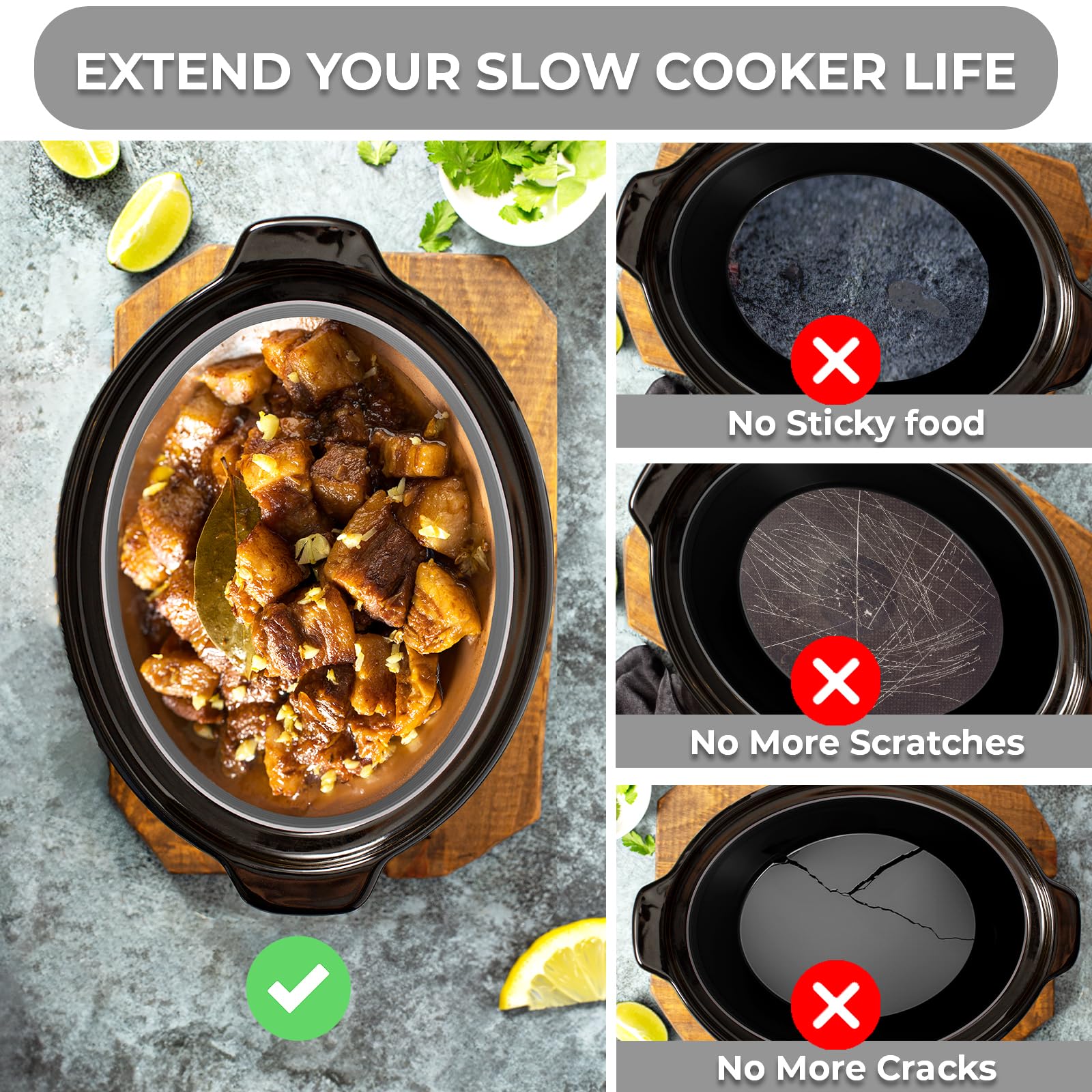 Silicone Slow Cooker Liners for 7-8QT CrockPot and other Oval Slow Cookers - Silicone Crock Pot Liners for 7-8 Quart Crock Pots - Reusable, Leakproof & Food-Grade Silicone Crock Pot Inserts - (Gray)