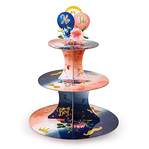 Gender Reveal Party Cupcake Stand Decorations, Blue and Pink 3 Tier Baby Shower Cupcake Toppers Dessert Holder Snack Tray Stand Tower for Boy Girl Baby Gender Reveal Birthday Party Favors