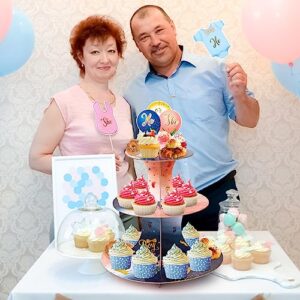 Gender Reveal Party Cupcake Stand Decorations, Blue and Pink 3 Tier Baby Shower Cupcake Toppers Dessert Holder Snack Tray Stand Tower for Boy Girl Baby Gender Reveal Birthday Party Favors