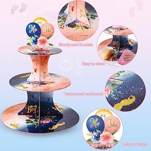 Gender Reveal Party Cupcake Stand Decorations, Blue and Pink 3 Tier Baby Shower Cupcake Toppers Dessert Holder Snack Tray Stand Tower for Boy Girl Baby Gender Reveal Birthday Party Favors