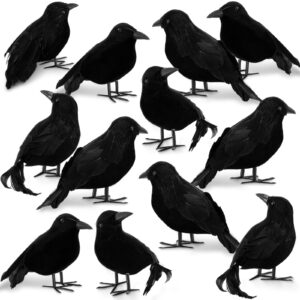 meooeck black fake crows halloween feathered crows decor realistic raven birds decorations spooky black feathered crows halloween prop decor for outdoor home garden holiday party