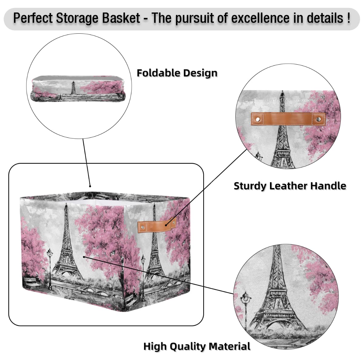 Shelf Storage Basket French Paris Eiffel Tower Canvas Large Storage Collapsible Organizer Toy Boxes Clothes Laundry Storage Bins Cubes with Handles for Closet Bedroom Nursery Home Office 1 Pack