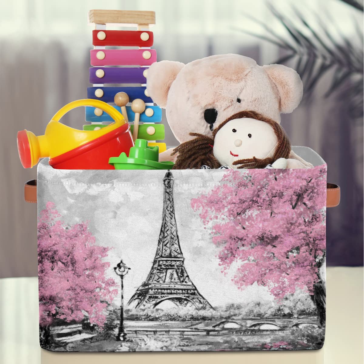 Shelf Storage Basket French Paris Eiffel Tower Canvas Large Storage Collapsible Organizer Toy Boxes Clothes Laundry Storage Bins Cubes with Handles for Closet Bedroom Nursery Home Office 1 Pack