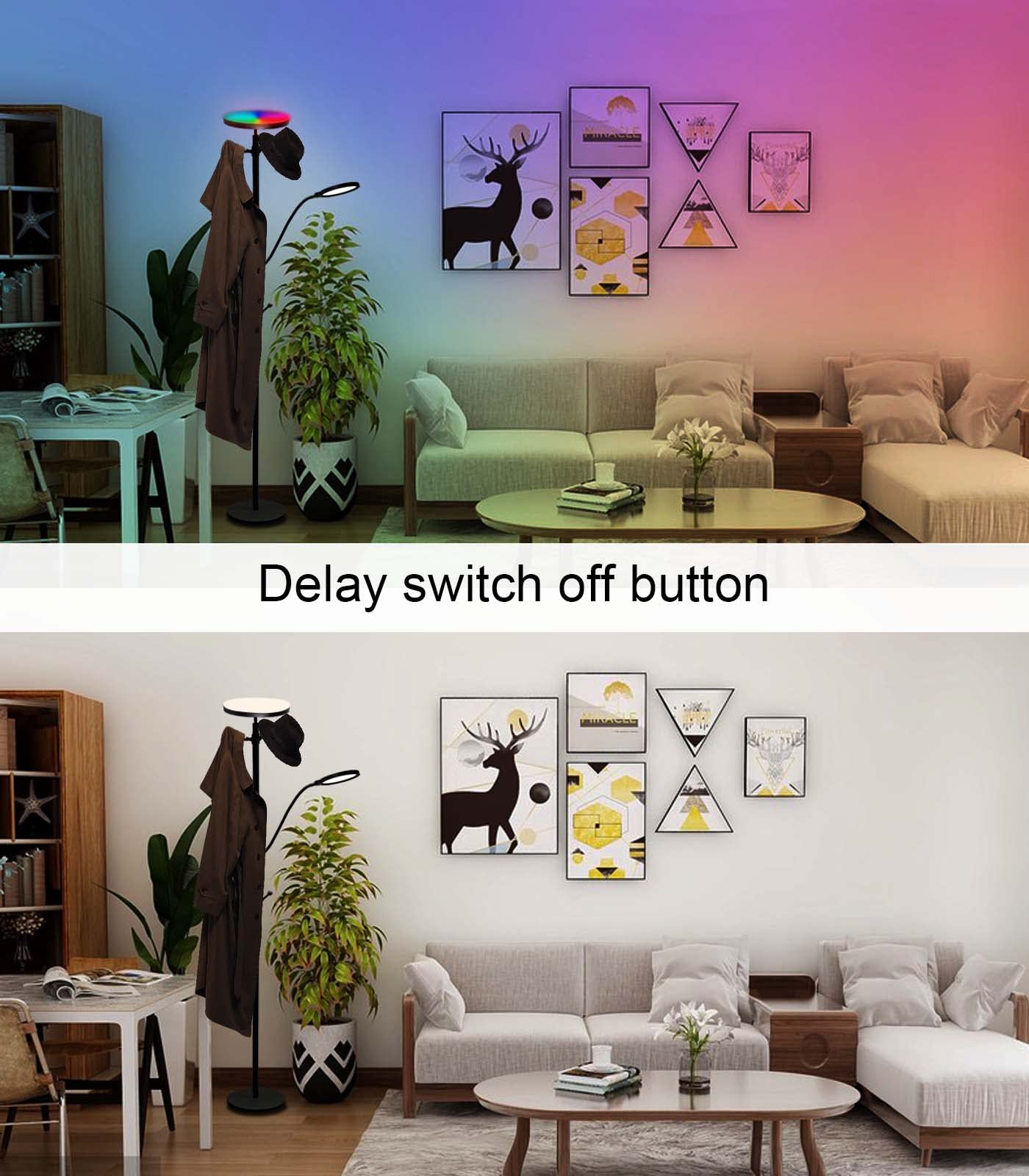 Ovensty RGB Coat Rack Floor Lamp,LED Bright Modern Corner Floor Lamps with Reading Light,Color Changing & Dimmable Smart APP & Remote Control Tall Standing Lights for Living Room,Bedroom,Office(Black)
