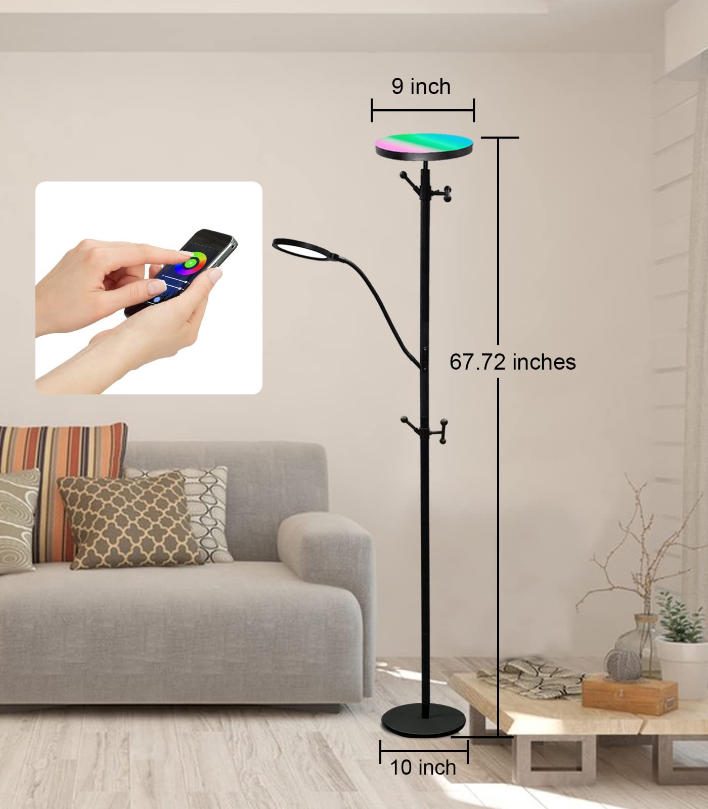 Ovensty RGB Coat Rack Floor Lamp,LED Bright Modern Corner Floor Lamps with Reading Light,Color Changing & Dimmable Smart APP & Remote Control Tall Standing Lights for Living Room,Bedroom,Office(Black)