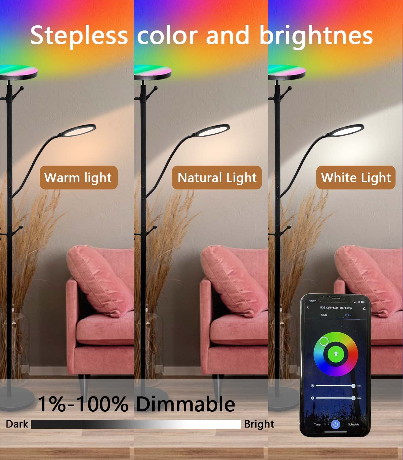 Ovensty RGB Coat Rack Floor Lamp,LED Bright Modern Corner Floor Lamps with Reading Light,Color Changing & Dimmable Smart APP & Remote Control Tall Standing Lights for Living Room,Bedroom,Office(Black)