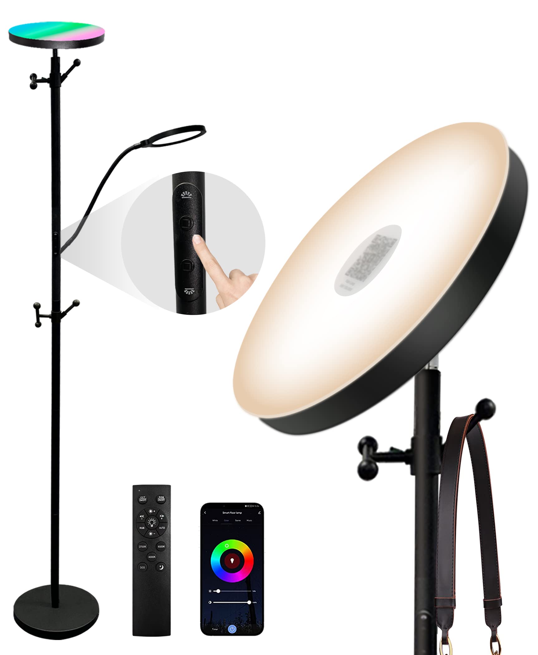 Ovensty RGB Coat Rack Floor Lamp,LED Bright Modern Corner Floor Lamps with Reading Light,Color Changing & Dimmable Smart APP & Remote Control Tall Standing Lights for Living Room,Bedroom,Office(Black)