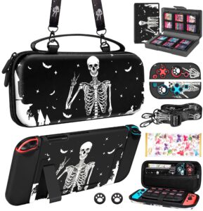 gurgitat 9in1 skull skeleton switch case for nintendo switch carrying cases & storage accessories bundle kit thumb grips+game holder+dockable skin+shoulder strap+sticker for switch travel pouch bag