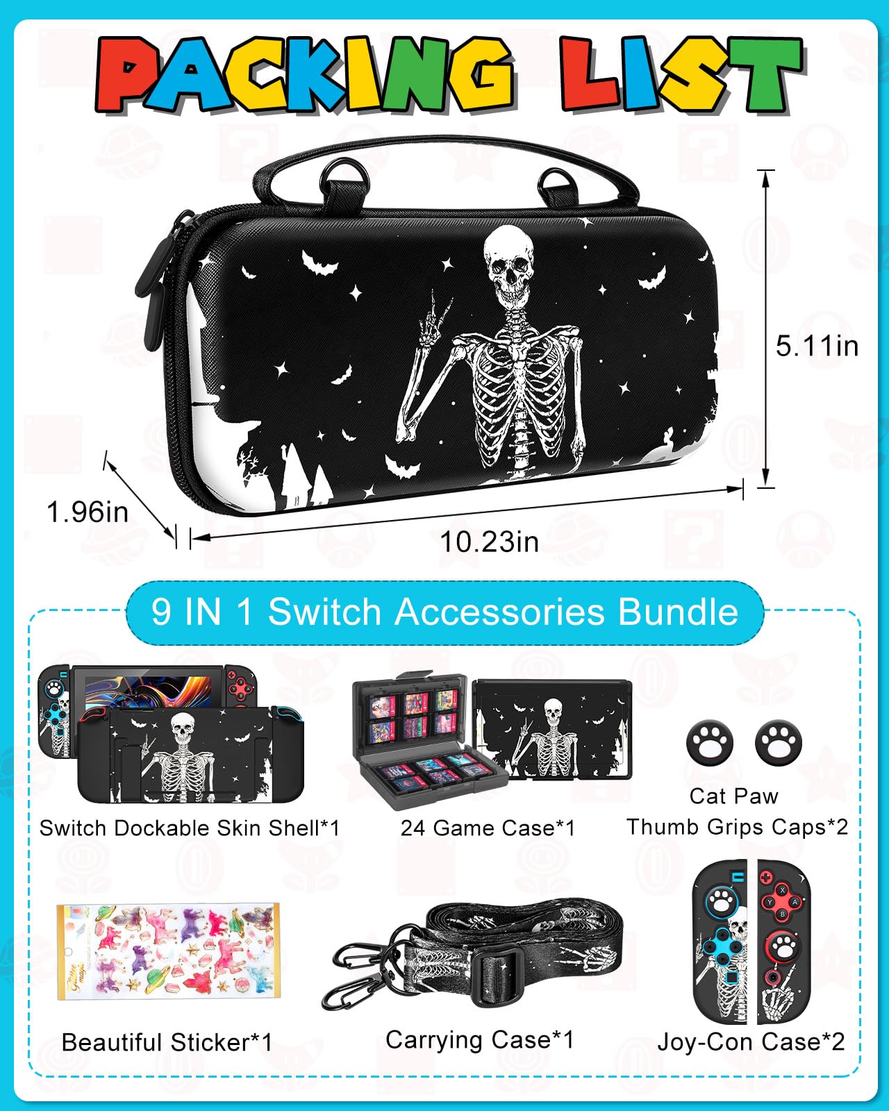 Gurgitat 9in1 Skull Skeleton Switch Case for Nintendo Switch Carrying Cases & Storage Accessories Bundle Kit Thumb Grips+Game Holder+Dockable Skin+Shoulder Strap+Sticker for Switch Travel Pouch Bag