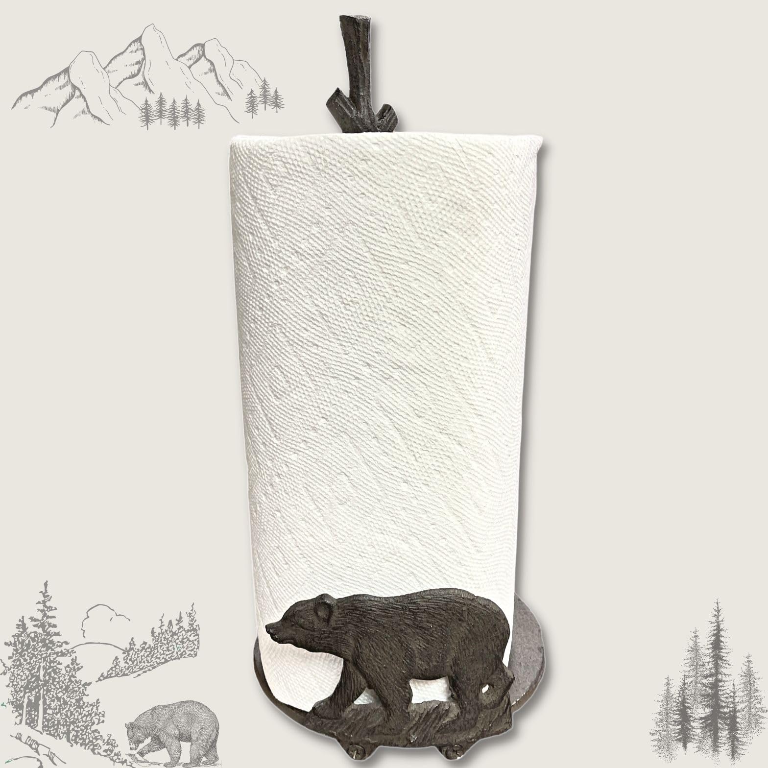 Paper Towel Holder with Standing Bear Design - Cast Iron Rustic Cabin Lodge Dining Kitchen Décor