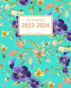 planner may 2023-2024 april: 8x10 weekly and monthly organizer large | watercolor pretty wildflower design turquoise