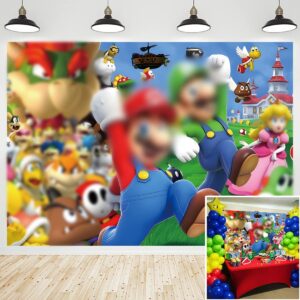 super brother backdrop children fans birthday party supplies decoration background boy adventure theme cartoon video game shooting banner family cake table photo props (7x5ft(210x150cm))
