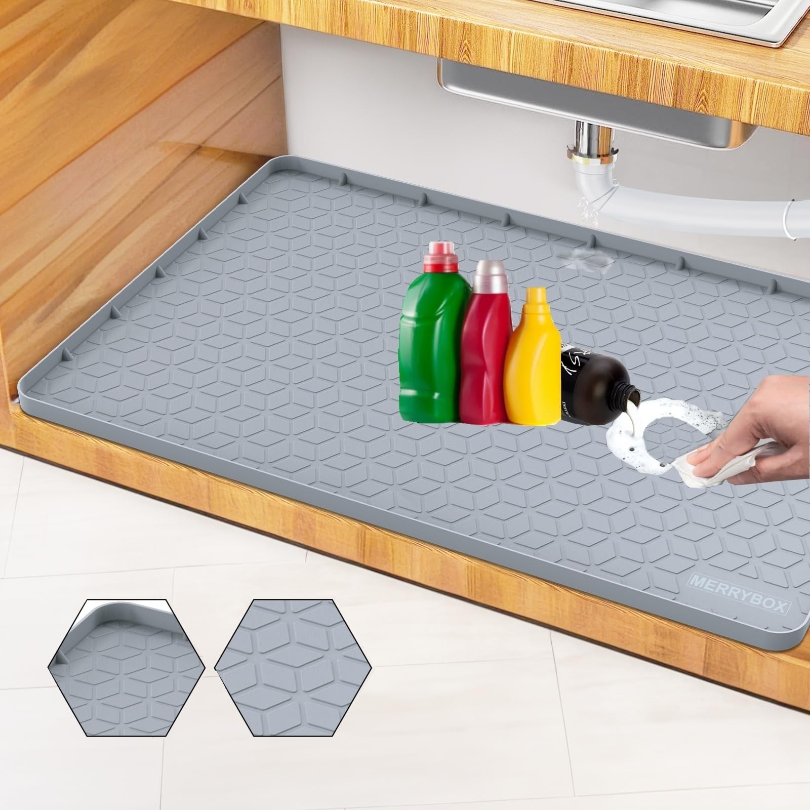 MERRYBOX Under Sink Mat, 34" x 22" Under Sink Mats for Kitchen Waterproof Multipurpose Silicone Under Kitchen Sink Mat Organizer Storage Cabinet Mat Liner Tray Fit for 36 inch Standard Cabinet