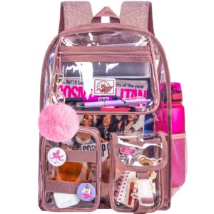 clear backpack, heavy duty transparent bookbag for girls women, cute school see through backpacks for teens elementary - pink