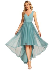 ever-pretty women's simple a-line beads tulle deep v-neck homecoming dress with beaded dusty blue us8
