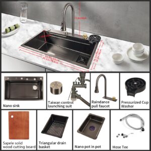 Pehohe Kitchen Sinks Waterfall Kitchen Sink Set 304 Stainless Steel Nano Sink Home Sink Vegetable Basin with Pull-Out Faucet,Add Pressurized Sink Glass Rinser