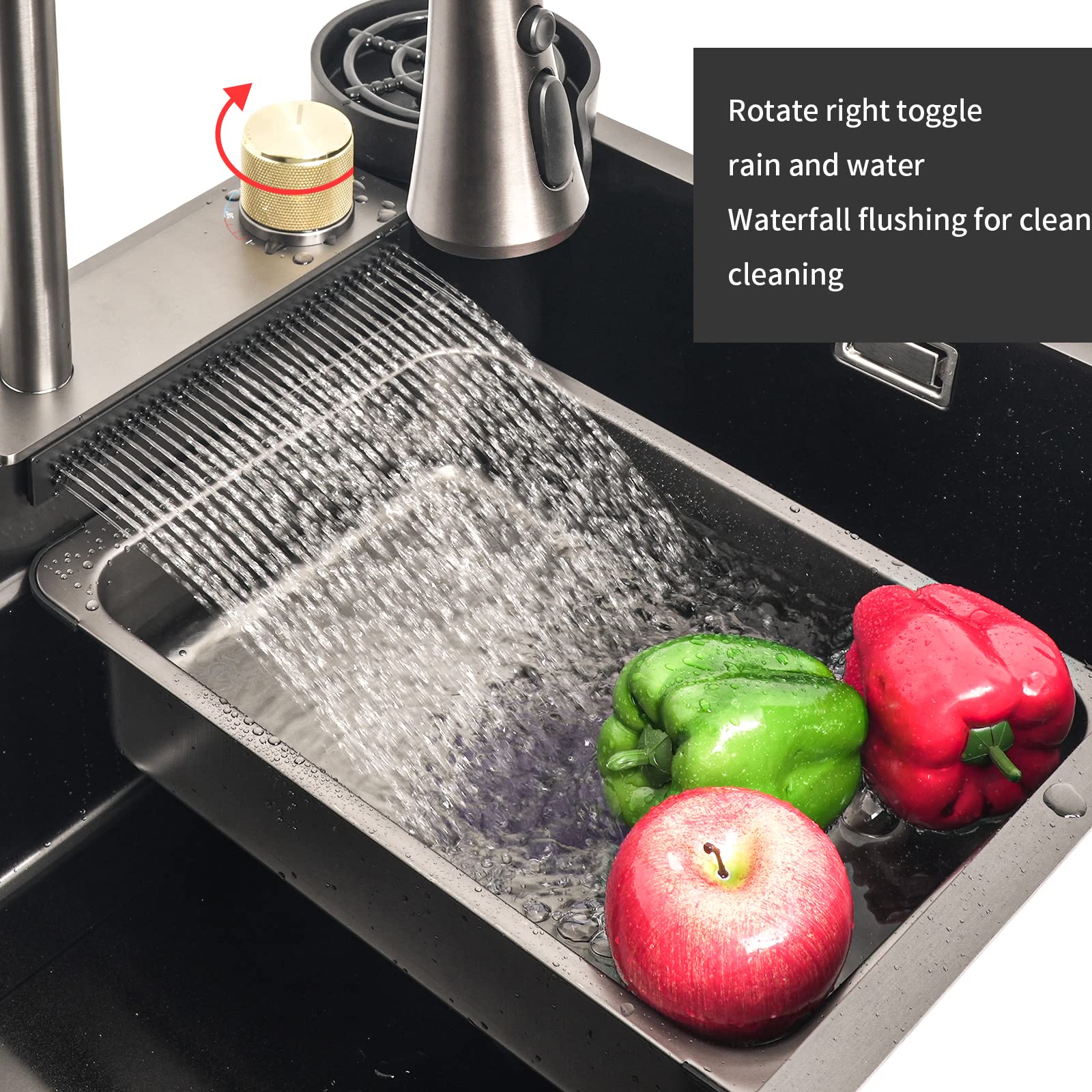 Pehohe Kitchen Sinks Waterfall Kitchen Sink Set 304 Stainless Steel Nano Sink Home Sink Vegetable Basin with Pull-Out Faucet,Add Pressurized Sink Glass Rinser