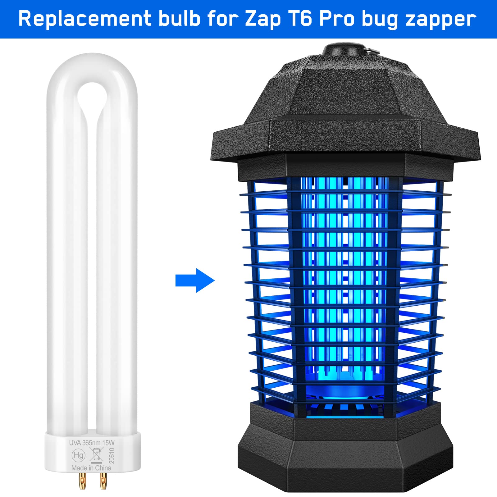 GOOTOP Replacement Bulb for Zap T6 Pro, T8, T9,X3 Bug Zapper, 15W, 4-Pin Base, U-Tube Bulb Twin Tube Bulb