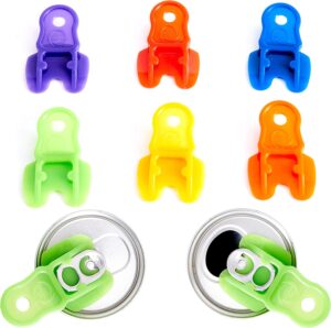 vibrant colored 6pk drink shield and soda protector for family. plastic tab can openers for pop, beer, coke or soda. beverage barricade protects cold drinks from bees at picnic, bbq
