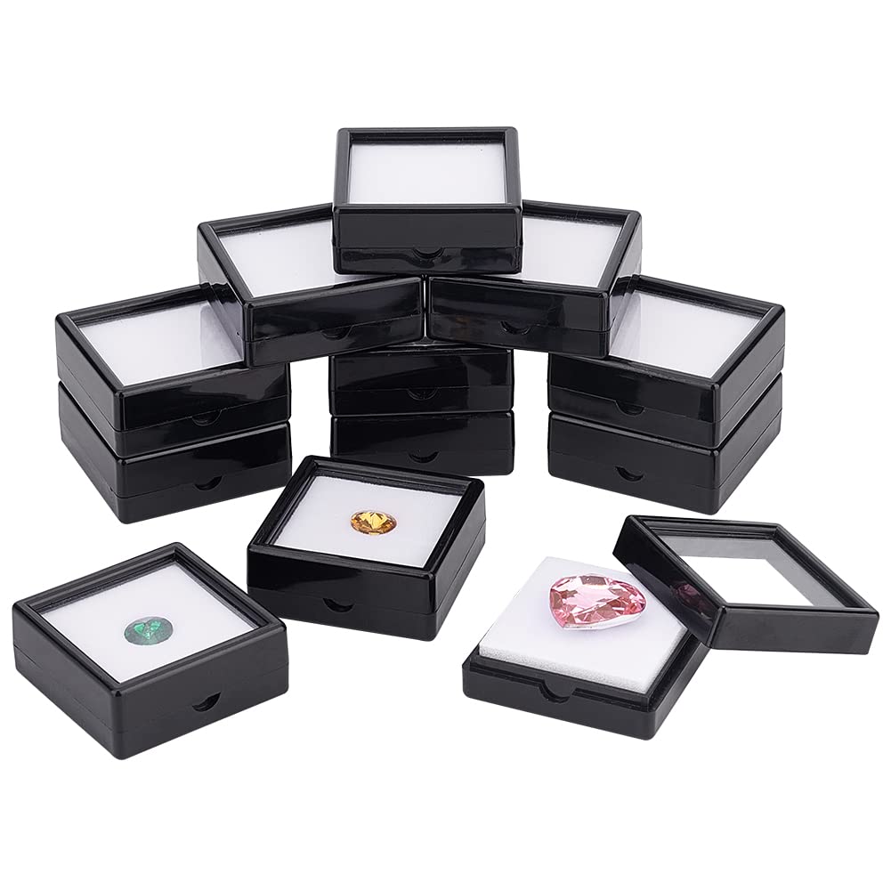 BENECREAT 12PCS Black Gemstone Display Box, 2x0.8inch Square Acrylic Diamond Jewellery Tray Box Container with Clear Lids and Sponge for Gems, Coins, Stone, Pendants, Crystal