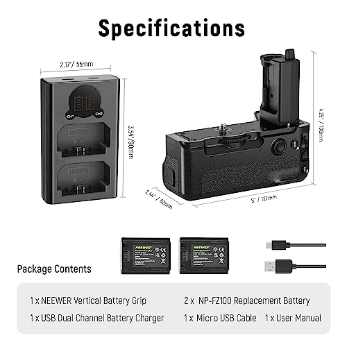 NEEWER Vertical Battery Grip Replacement for VG-C4EM with Two NP-FZ100 Batteries & Charger Kit, Compatible with Sony A7R V A7R IV A9 II A7 IV A7S III A1, BG A7IV