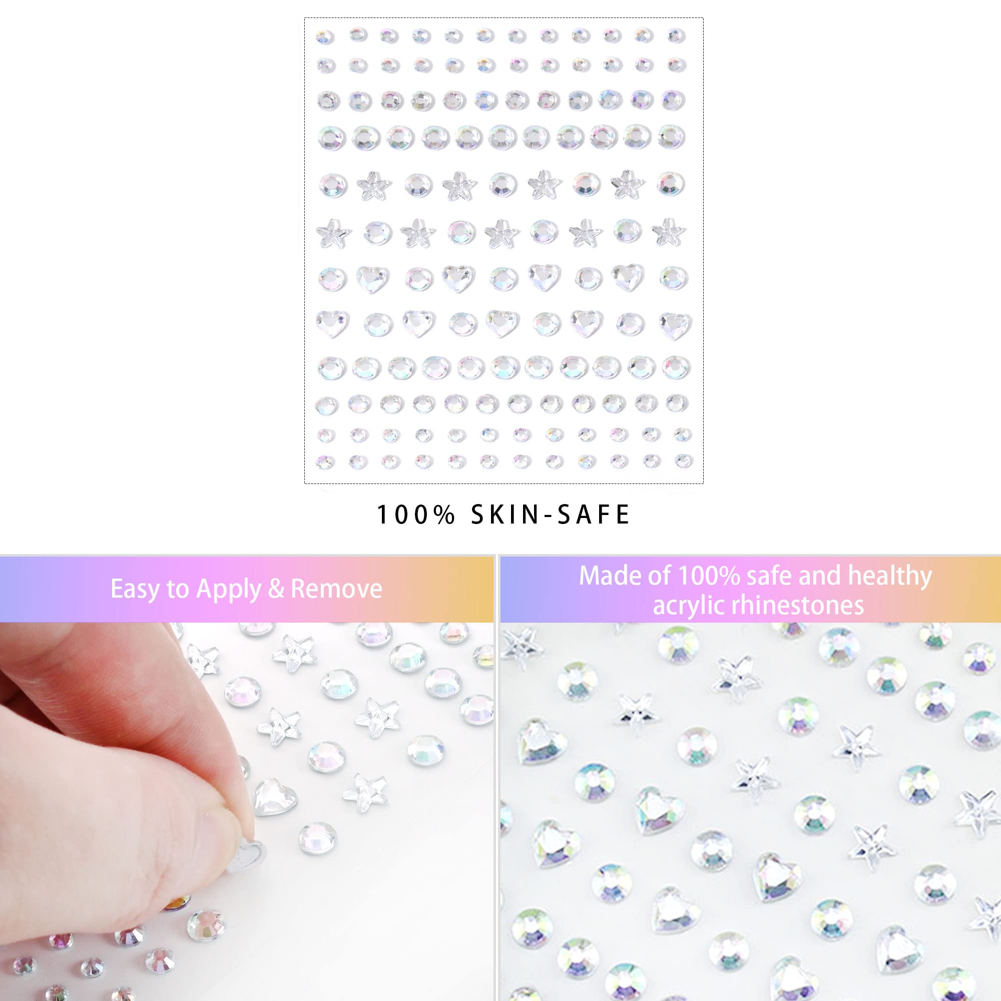 SAOROPEB 5 Sheets Face Gems Face Jewels Stickers, Self Adhesive Eye Body Face Nail Crystal Rhinestones Rainbow for Women Festival Accessory and Nail Art Decorations