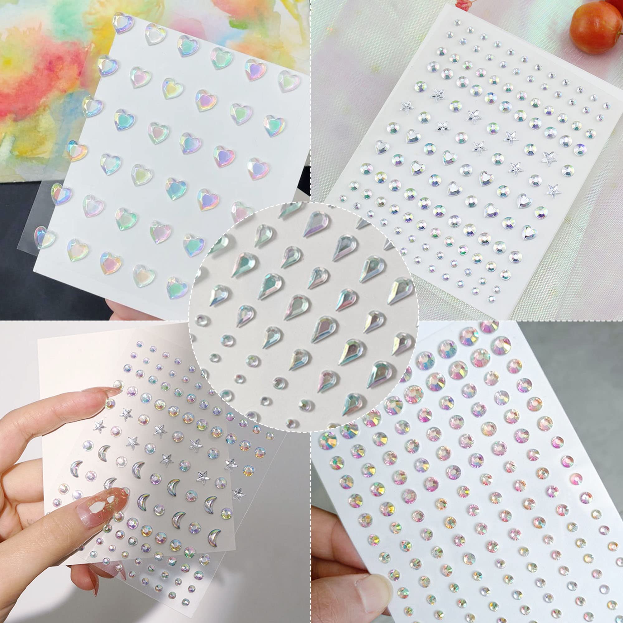 SAOROPEB 5 Sheets Face Gems Face Jewels Stickers, Self Adhesive Eye Body Face Nail Crystal Rhinestones Rainbow for Women Festival Accessory and Nail Art Decorations