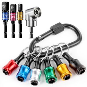 katerk bit holder key chain gadgets for men - 1/4 drill bit holder 6pcs, w/drill socket adapter 3 sizes 1/4" 3/8" 1/2", w/ 105° multifunction right angle drill, 10pcs cool gifts electrician tools