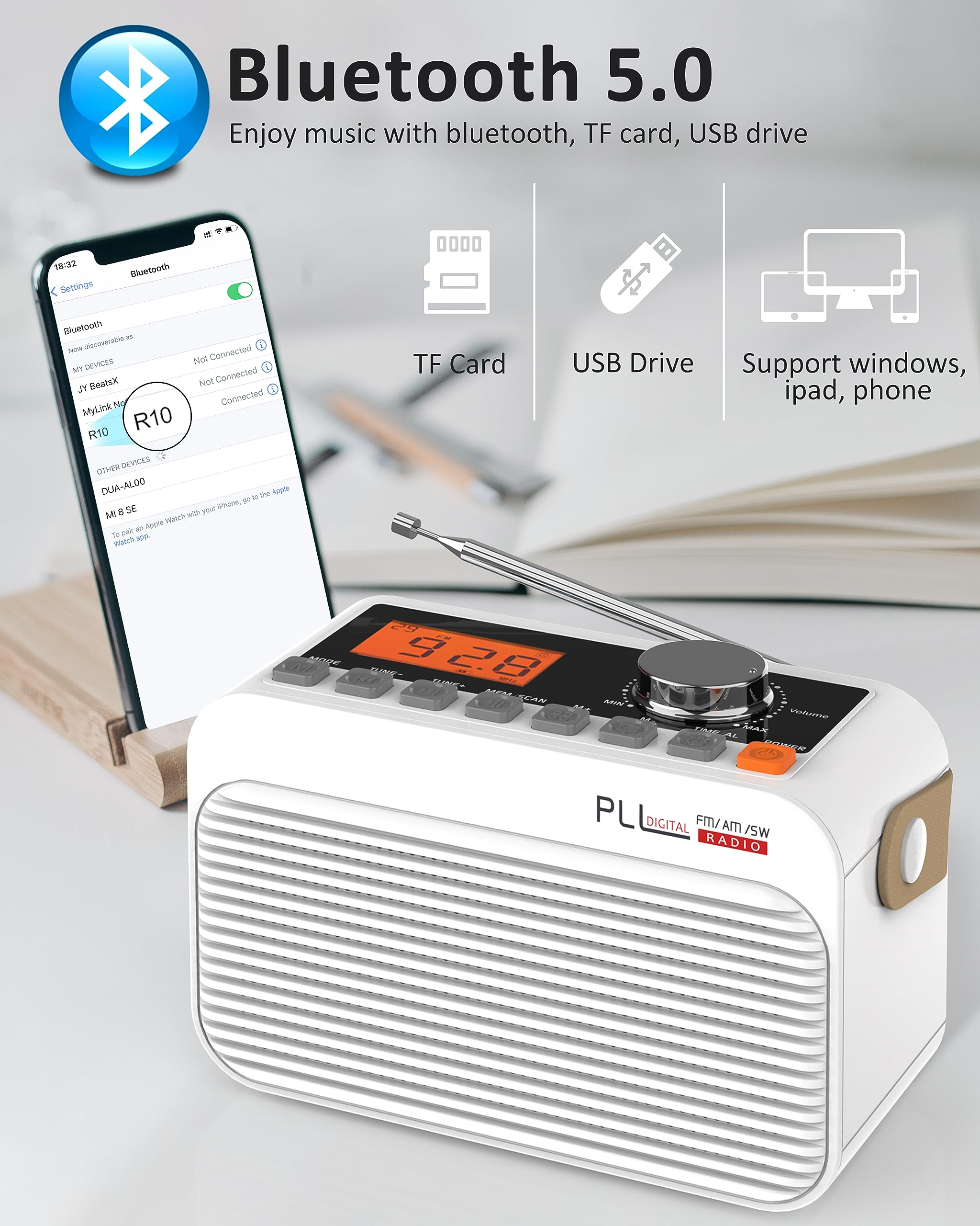 Greadio Portable Shortwave Radio with Bluetooth 5.0, Rechargeable AM FM Radio with Best Reception, TF/SD/USB Port,5W Loud Speaker,White Noise,Alarm Clock,LED Display,Earphone Jack,for Home,Office,Gift