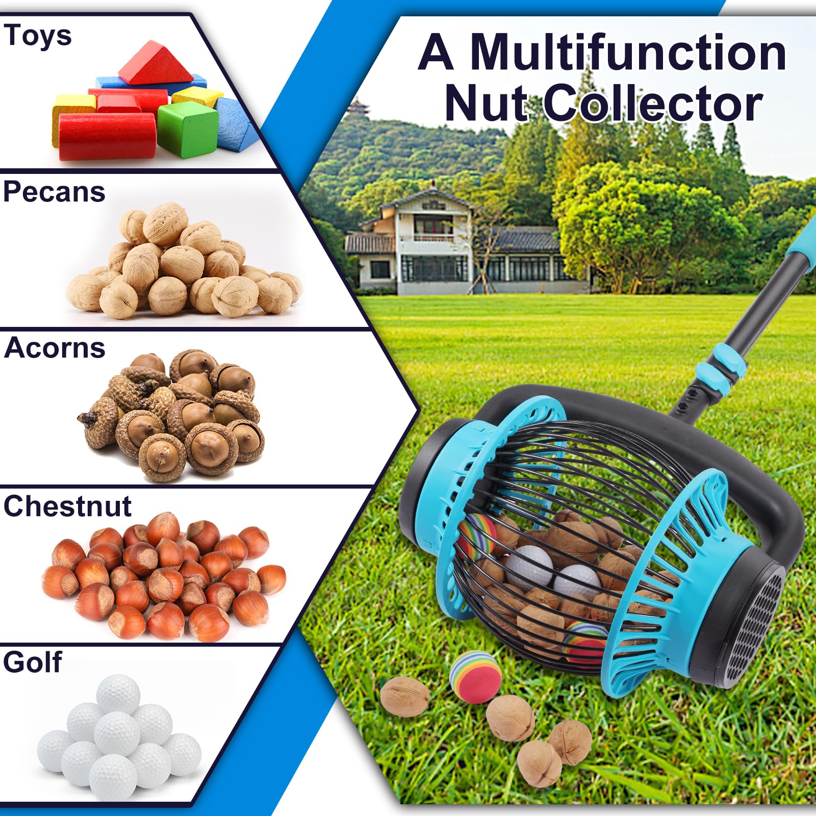 Nut Gatherer, Rolling Nut Harvester Acorn Picker Upper Side Opening Dump Adjustable Yard Roller, Picks up Walnuts, Hickory, Pecan, Chestnuts, Buckeyes, Nerf Balls, Golf 0.4'' to 2'' in Size