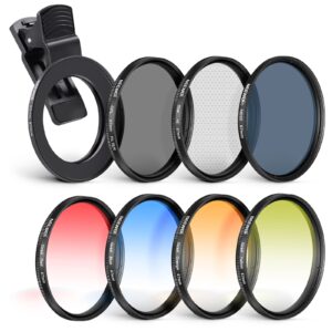 neewer 67mm clip on filters kit for phone & camera, cpl, nd32 nd filter,star filter,4 graduated color filter, 52-67mm adapter ring, phone lens clip compatible with iphone 15 14 pro max 14 13 12 11