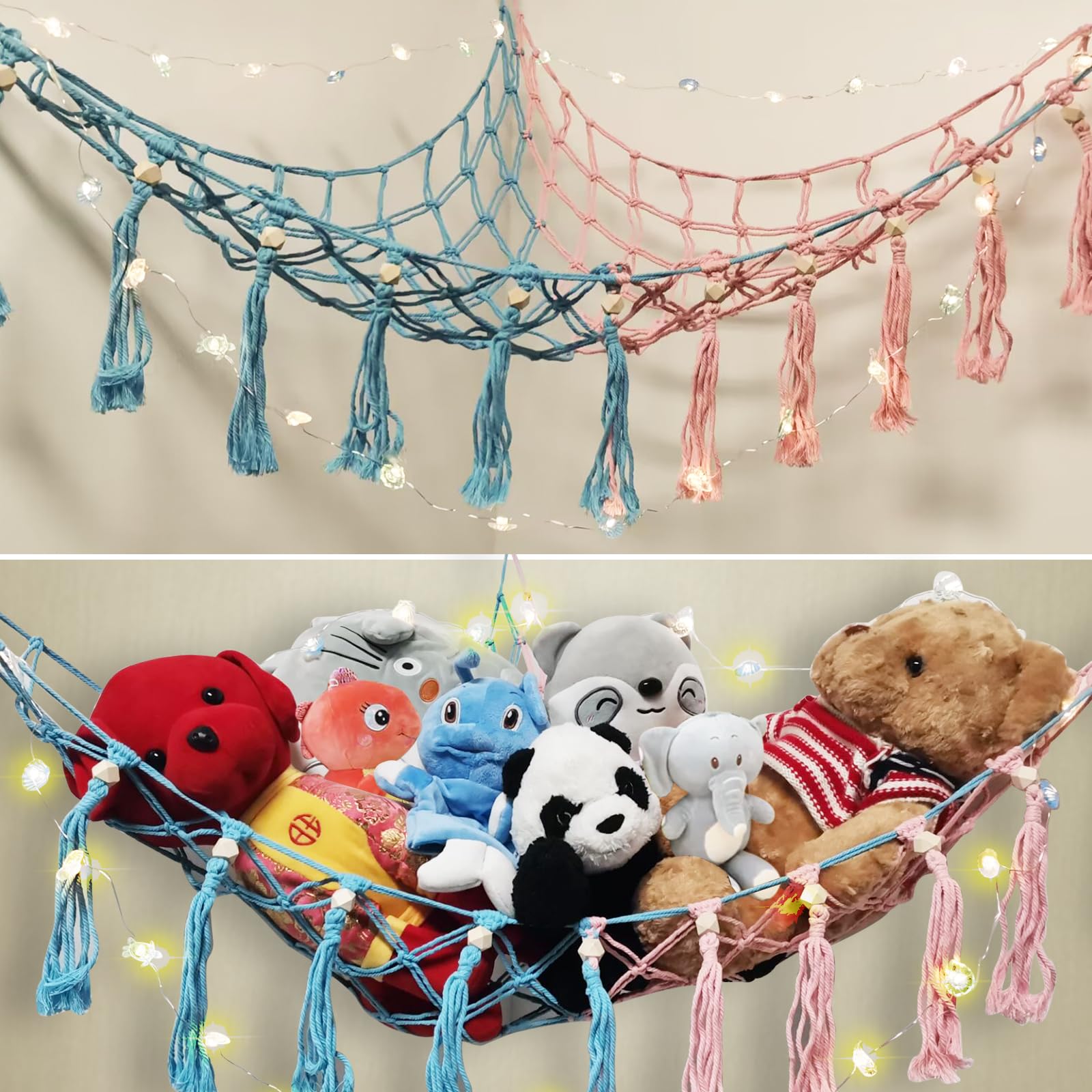 Stuffed Animals Net or Hammock with LED Light,Stuffed Animal Toy Storage, Large Corner Mesh Toy organizer Hanging Wall Toys storage with Tassels and beads for kids Room, Nursey, Playroom,Bedroom