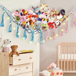 Stuffed Animals Net or Hammock with LED Light,Stuffed Animal Toy Storage, Large Corner Mesh Toy organizer Hanging Wall Toys storage with Tassels and beads for kids Room, Nursey, Playroom,Bedroom