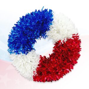 abtols patriotic wreath for front door, artificial tinsel patriotic star wreaths memorial day party crafts ornament garland red blue sliver wreaths for labor day kitchen home indoor window wall,12in