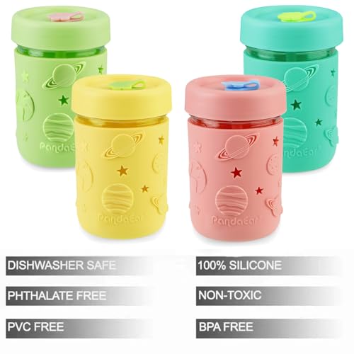 PandaEar Kids & Toddler Glass Cups, 4 Pack Glass Mason Jar Cups 8.45 oz with Silicone Sleeves & Straws, Toddler Spill-Proof Smoothie & Snack Cups